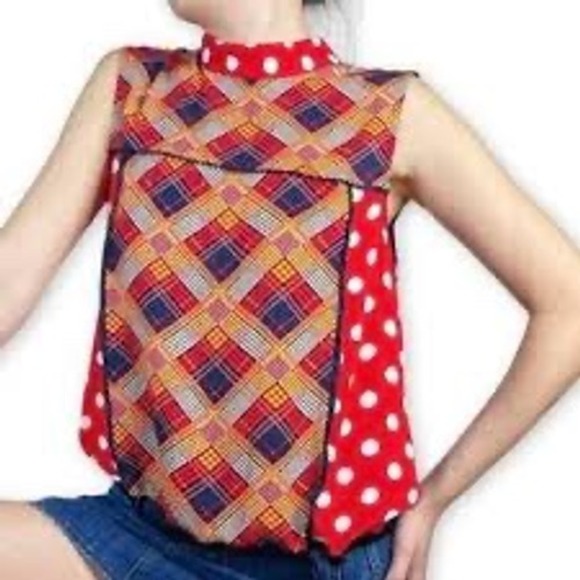Anthropologie Tiny Evelyn Mock Neck Plaid/Polka Dot Blouse, Large - Picture 1 of 11